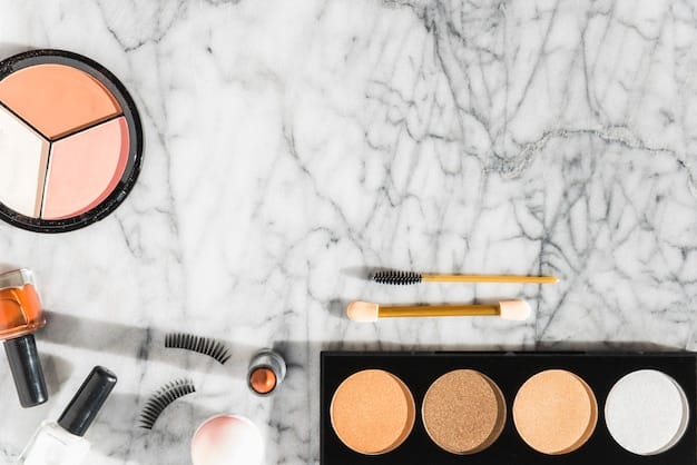 A close-up of five essential makeup products arranged neatly on a white marble surface: a tinted moisturizer, a cream blush, a brow gel, a mascara, and a lip balm. The lighting is soft and flattering, highlighting the textures and colors of the products.