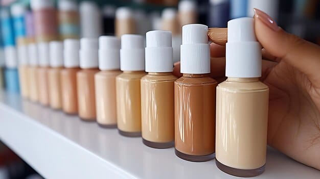 A selection of autumn-appropriate foundations, including hydrating formulas, tinted moisturizers, and BB creams, displayed alongside relevant skincare products like serums and moisturizers.