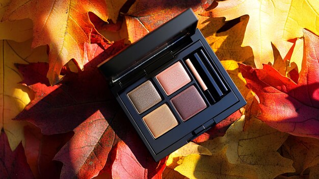 An arrangement of autumn-themed eye makeup products, including eyeshadow palettes with warm tones, brown and colored eyeliners, volumizing mascaras, and eyebrow pencils.