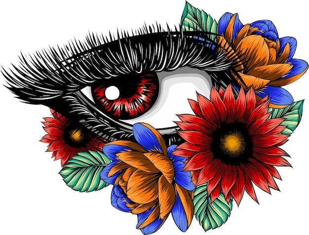 A detailed eye makeup look featuring a black winged eyeliner with small, colorful flower accents at the outer corner of the eye. The flowers are tiny and delicate, adding a whimsical touch to the classic liner. The background is blurred, highlighting the eye makeup.