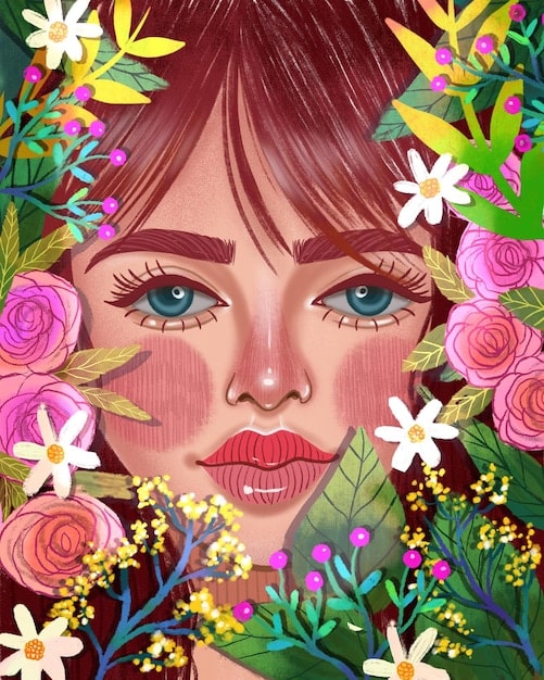 A woman with a vibrant watercolor floral design on her cheek and around her eye. The colors blend seamlessly, creating a soft, ethereal effect. The design includes various flower shapes and leaf patterns in shades of pink, purple, and green.