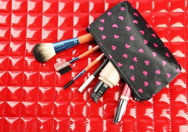 A close-up of various makeup bags made of different materials like clear plastic, waterproof nylon, and quilted fabric. The bags are partially open, revealing the organized makeup inside.