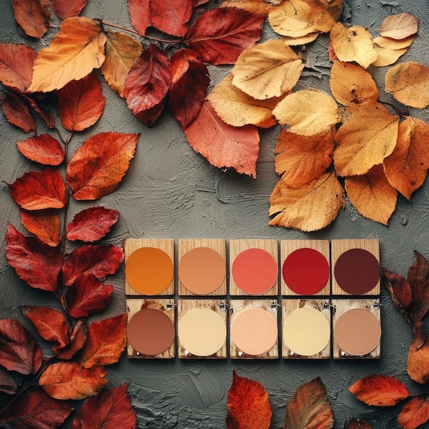 A collection of Autumn Spice-toned eyeshadows arranged in a palette. The shades include cinnamon, nutmeg, amber, and a deep burgundy. The palette is surrounded by fall foliage, emphasizing the connection to the autumn season.