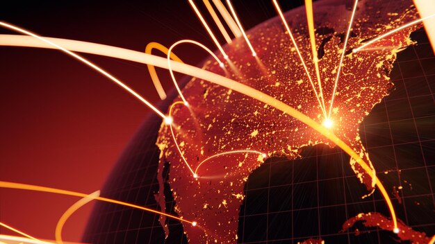 A detailed world map with a prominent focus on the US, showing trade routes and economic indicators across continents, symbolizing global economic interconnectedness.