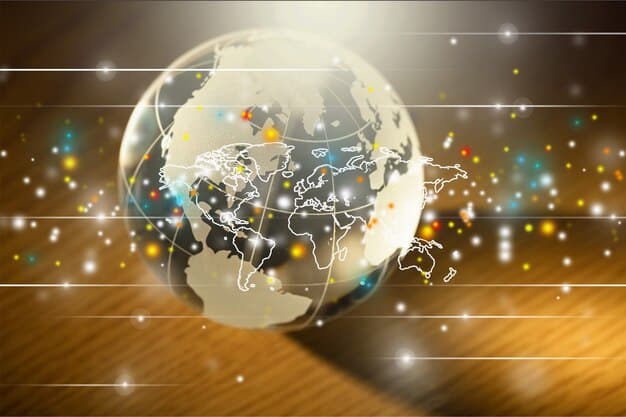 A globe overlaid with various economic data points and arrows indicating global trade and financial flows. The image conveys interconnectedness and a complex web of economic relationships.