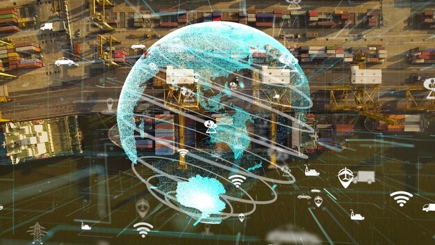 A visual representation of supply chains, with ships, trucks, and factories, emphasizing efficiency and global connectivity.