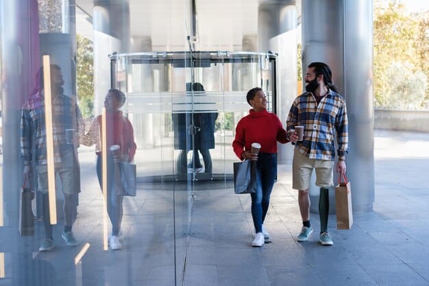 A diverse group of people queuing at a federal building entrance, suggesting immigration processing or legal services, with a subtle backdrop of government architecture.