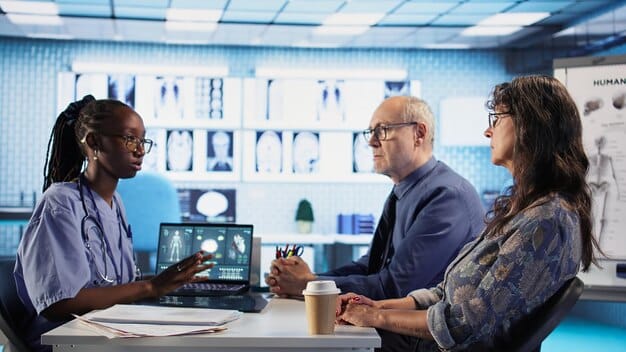 A diverse group of healthcare professionals in a modern clinic setting, with subtle digital interfaces and monitors in the background, signifying technology integration.