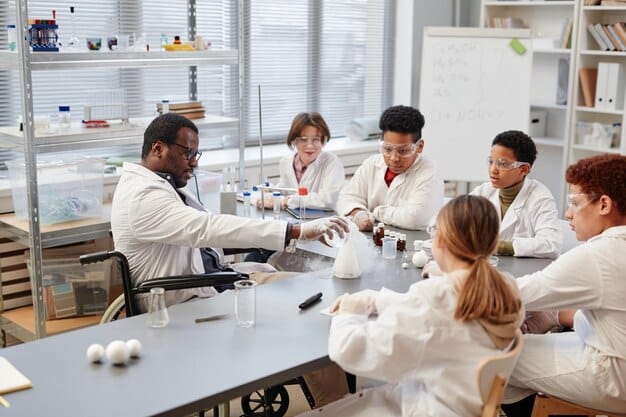 A diverse group of scientists and engineers collaboratively working in a high-tech laboratory, surrounded by models of sustainable energy solutions and advanced climate monitoring equipment, symbolizing innovation and research.