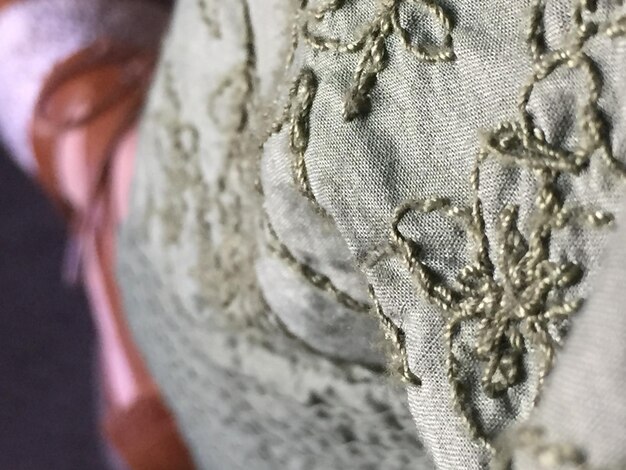 A close-up shot of an embroidered silk detail on a 1930s evening gown, highlighting the intricate craftsmanship.