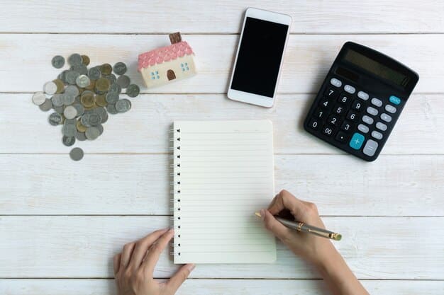 A person's hands are shown meticulously organizing bills, coins, and a budget planner on a neat desk, symbolizing careful financial planning and cost management.