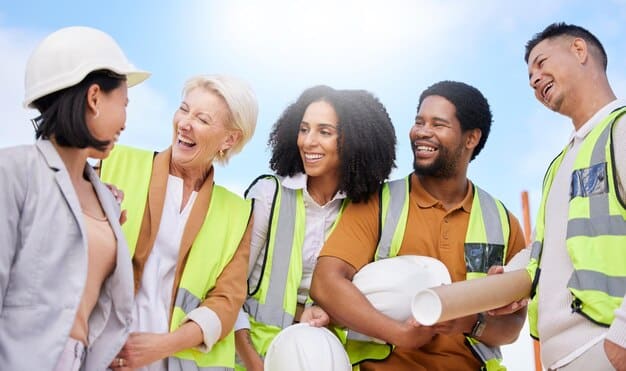 A diverse group of construction workers, wearing hard hats and safety vests, smiling and working collaboratively on a large bridge renovation project, with heavy machinery visible in the background against a setting sun.