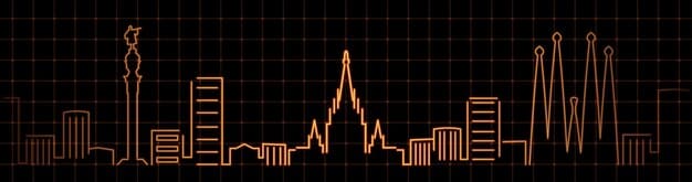 A detailed financial graph showing projected government spending on infrastructure over the next decade, with separate bars for different categories like transportation, energy, and broadband, against a backdrop of a thriving city skyline at night.