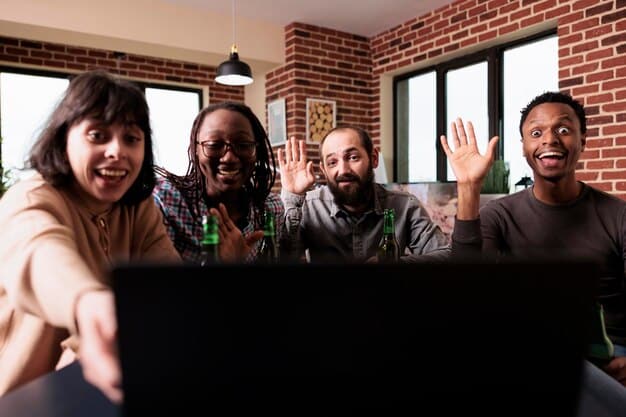 A diverse group of remote team members participating in a positive and engaging video conference, showcasing global collaboration and a friendly atmosphere.