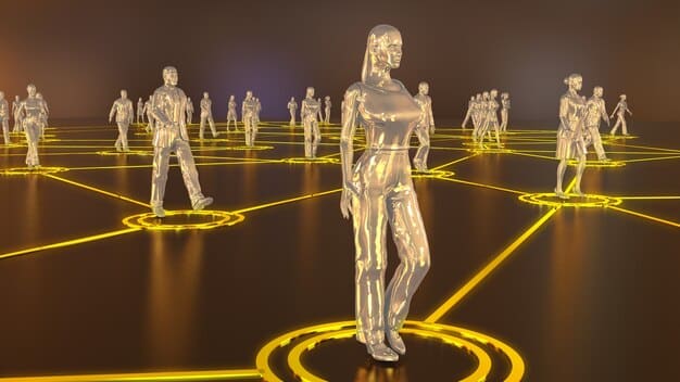 A digital human figure interacting with a complex network of illuminated lines and abstract data visualizations, representing ethical considerations and responsible AI development within a secure, transparent environment.