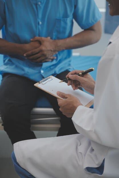 A patient consulting with a doctor, discussing colon cancer screening options, emphasizing shared decision-making.
