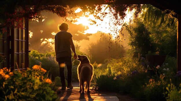 A person happily walking their dog on a leash through a vibrant green neighborhood park during golden hour, illustrating companionship and outdoor activity.
