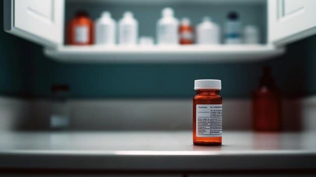 Close-up of a pharmaceutical bottle with a warning label about a recall, with a blurred background of a doctor's office.