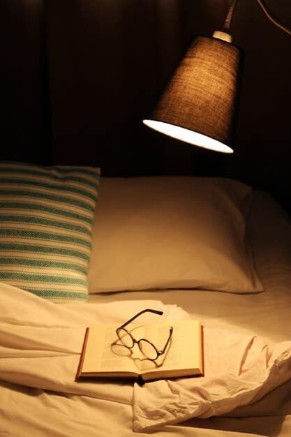 A serene, dark bedroom with only a single soft glowing lamp emitting a warm light, illustrating an ideal sleep environment. A comfortable bed with crisp sheets is featured prominently.