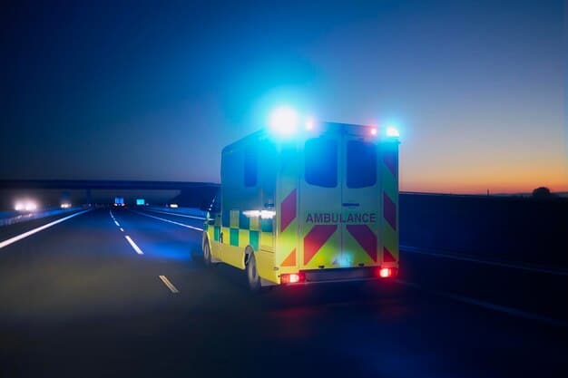 A dynamic scene of paramedics carefully moving a patient on a stretcher into an ambulance, with lights flashing in the background, conveying urgency and professional medical care.