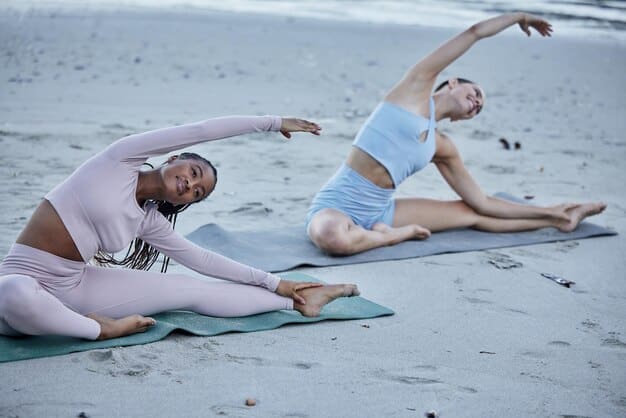 A diverse group of people engaged in low-impact exercises like yoga and swimming, illustrating methods for managing joint pain and maintaining flexibility. The mood should be supportive and active.