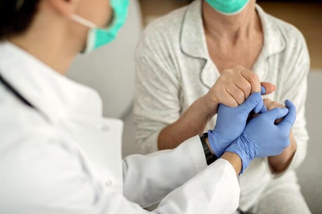 A close-up of a rheumatologist in a clinic examining a patient's hand for signs of arthritis, with medical charts visible in the background, emphasizing professional medical care.