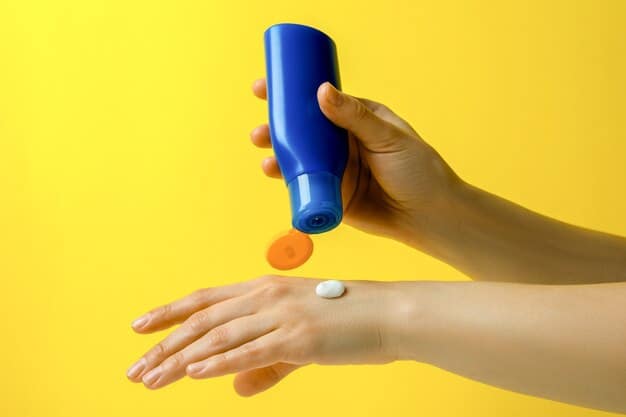 A close-up of a person's hand applying a modern, high-tech sunscreen lotion to their face, with a blurred background of a laboratory or advanced skincare product bottles.