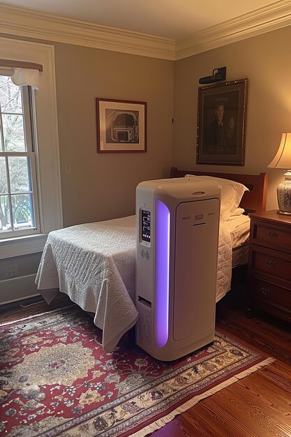 A sterile, modern bedroom with an air purifier running quietly in the corner, sunlight streaming through a closed window.