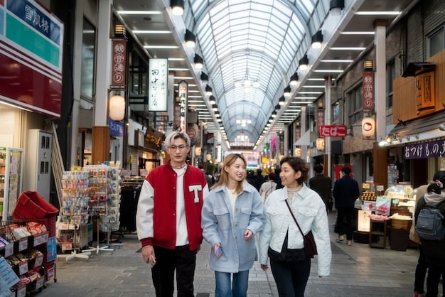 A split image showing scenes of factories in Asia on one side and American consumers shopping on the other, connected by a dotted line representing trade flow. The text overlay asks, 