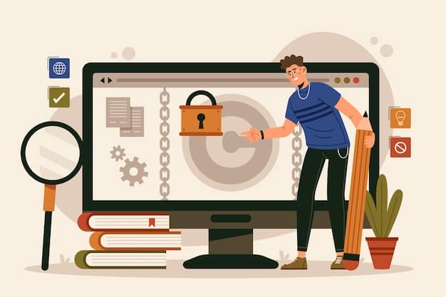 A graphic depicting a person using a computer with a lock symbol on the screen, and icons representing various security measures like password management, VPN, and privacy settings. The icons are interconnected, forming a protective network. This visual is in context with New Federal Regulations on Data Privacy: What US Citizens Need to Know Now.