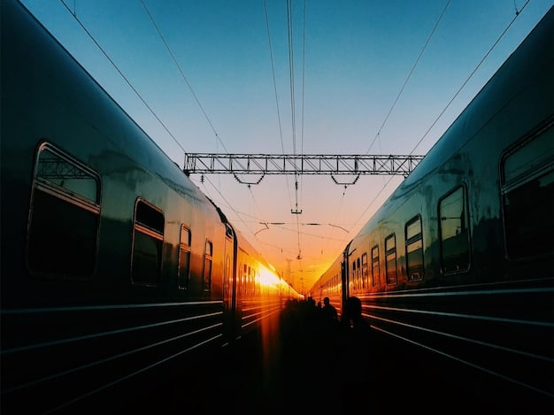 A high-speed train traveling through a modern railway station in the USA, highlighting advancements in public transportation funded by the US Infrastructure Bill: Tracking the First 100 Days of Project Implementation.