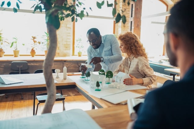 A diverse group of employees collaborating around a table, brainstorming innovative ideas for sustainable business practices, with the company logo in the background. Analyzing the Impact of the New US Environmental Regulations on Businesses.