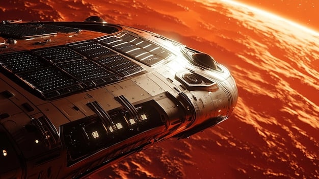 A detailed view of a spacecraft with advanced solar panels and ion propulsion engines accelerating through space, highlighting the innovation required to travel long distances efficiently and representing how will the US Space Program's new goals impact technological innovation in propulsion technology.