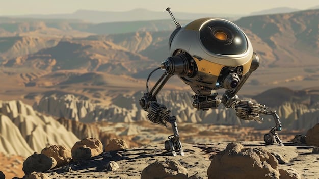 A humanoid robot working on a lunar mining operation, with the Earth visible in the background, symbolizing the role of robotics in resource extraction and construction in space, and emphasizing How Will the US Space Program's New Goals Impact Technological Innovation.