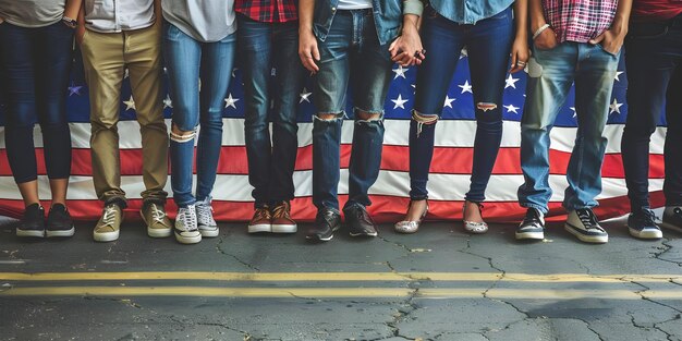 A long line of diverse voters waiting patiently outside a polling place. A US flag is visible in the background. Bright sunny day.