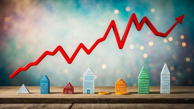A graph depicting rising and falling interest rates affecting the US housing market, reflecting US Housing Market Trends: What Does the Latest Data Reveal?. The graph should show a clear upward and downward trend lines