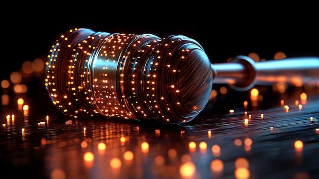 A close-up of a gavel hitting a sound block, with binary code subtly overlaid in the background. The image represents the convergence of legal systems and technological advancements in the context of US AI regulations.