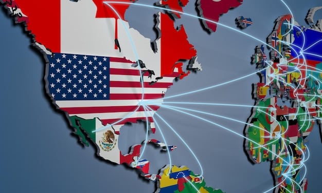 A world map highlighting areas where the US has significant diplomatic or military presence. The map shows key regions and strategic locations, accompanied by minimal graphic marks to signify key partnerships and challenges. The image's purpose is to visually denote the key areas implicated by US Foreign Policy: Analyzing the New Administration's Stance on International Relations.