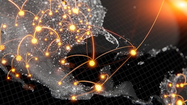 A visual representation of global trade routes with interconnected nodes, illustrating international economic relations. The image includes minimal infographic elements, emphasizing the interdependence of global economies. It is intended to depict the economic dimensions of US Foreign Policy: Analyzing the New Administration's Stance on International Relations.