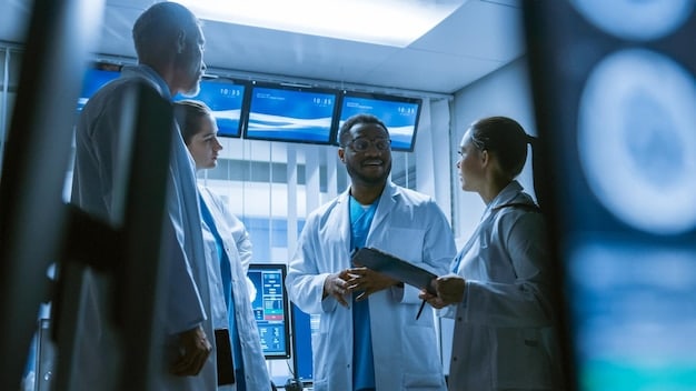 A diverse group of healthcare professionals collaborating in a modern hospital setting, utilizing advanced medical technology.