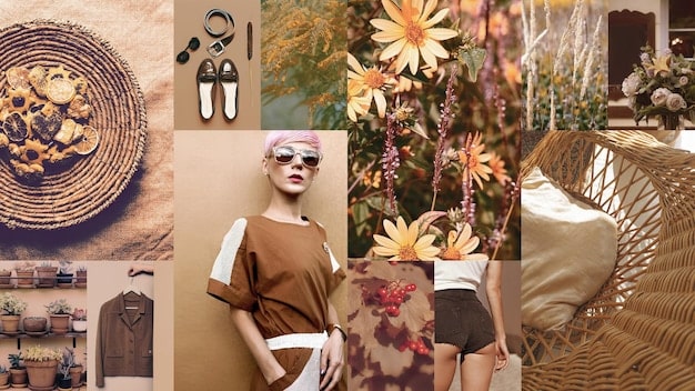 A mood board featuring various fashion styles (classic, bohemian, minimalist, edgy) with corresponding accessory examples, highlighting how accessories complement each style. The mood board includes images of clothing, jewelry, bags, and shoes to illustrate the different aesthetics.