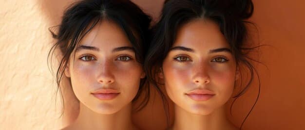 A split image showing two women, one with warm skin tone (left) and one with cool skin tone (right). Each woman is wearing a set of clothing items that complement her skin tone: warm colors on the left (red, orange, gold) and cool colors on the right (blue, silver, emerald green).