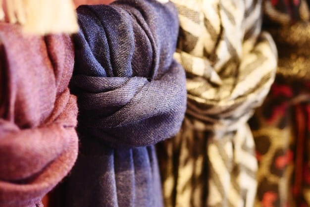 Close-up shot of different types of scarves, including silk, cashmere, and wool, neatly folded and arranged on a wooden surface. The image highlights the textures and patterns of the scarves, emphasizing their versatility.