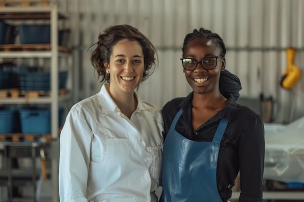A diverse group of garment workers in a well-lit, clean factory, smiling and working together, emphasizing fair labor practices and safe working conditions ensured by ethical brands.