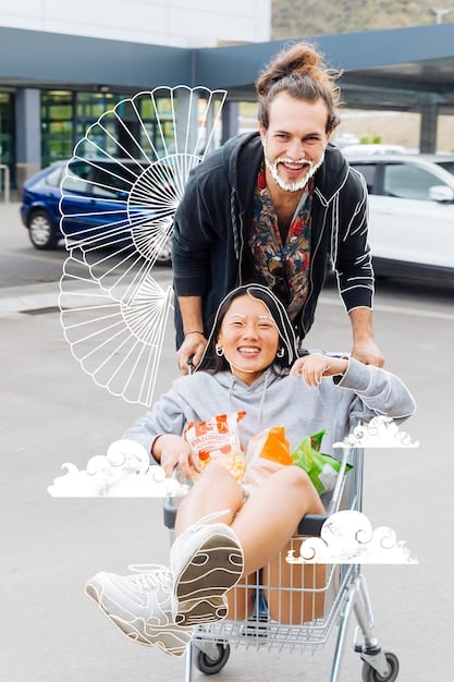 A split-screen image showing a family happily shopping on one side and a graph depicting rising GDP on the other, juxtaposing the personal impact of GDP growth with the statistical data.
