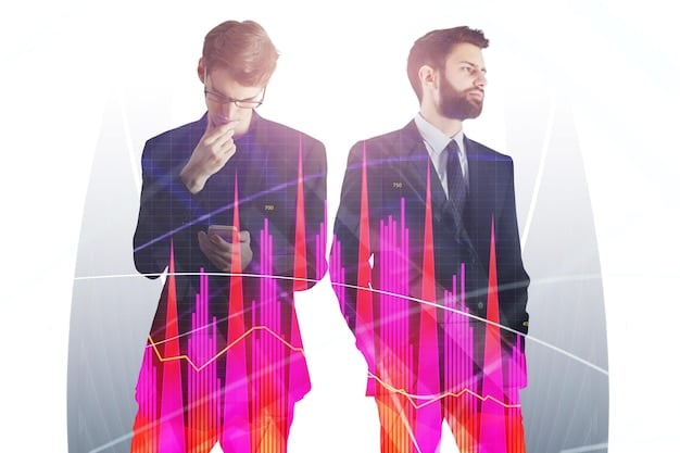A split image showing two economists on either side, one looking optimistic and pointing upwards towards a graph, and the other looking concerned with hands clasped, next to a graph pointing downwards