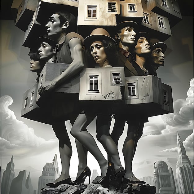 A split image showing contrasting scenarios: one side depicts a crowded open house with multiple buyers (representing continued price increases), and the other side shows an empty house with a 