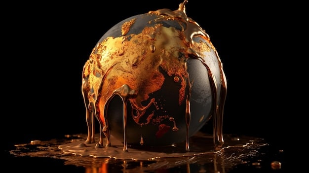 A digital illustration depicting a globe half-covered in oil barrels and the other half with wind turbines, symbolizing the tension between traditional energy sources and renewable energy transition, with rising price arrows indicating surging energy costs.
