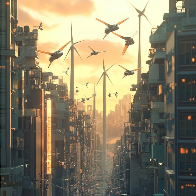 A split image showing a bustling city skyline powered by traditional energy sources on one side, and a serene countryside with solar panels and wind turbines providing clean energy on the other, symbolizing the energy transition and its impact on energy prices.