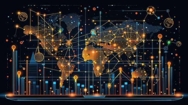 A detailed world map with glowing economic data points and arrows showing global trade routes and financial connections, symbolizing international economic trends.